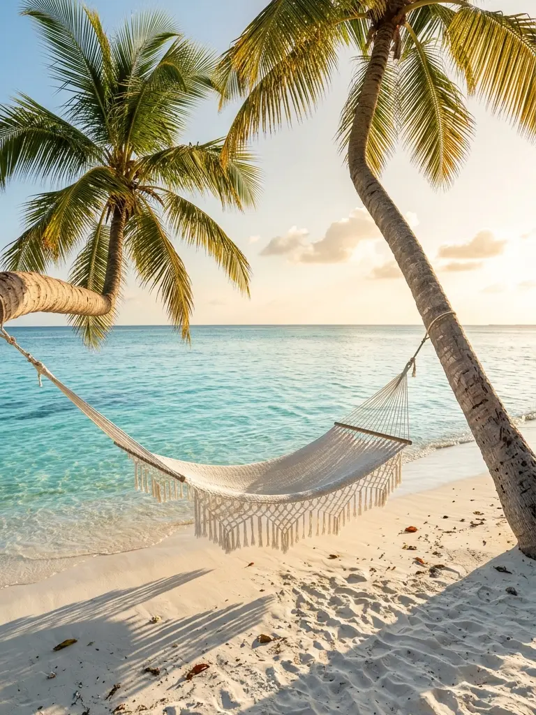 A white hammock strung between leaning palms over a shallow turquoise beach at golden hour
