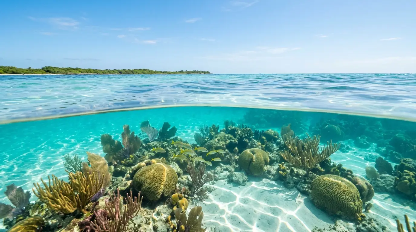 Half-underwater view of a clear coral reef beneath a calm blue sky and a distant green coastline