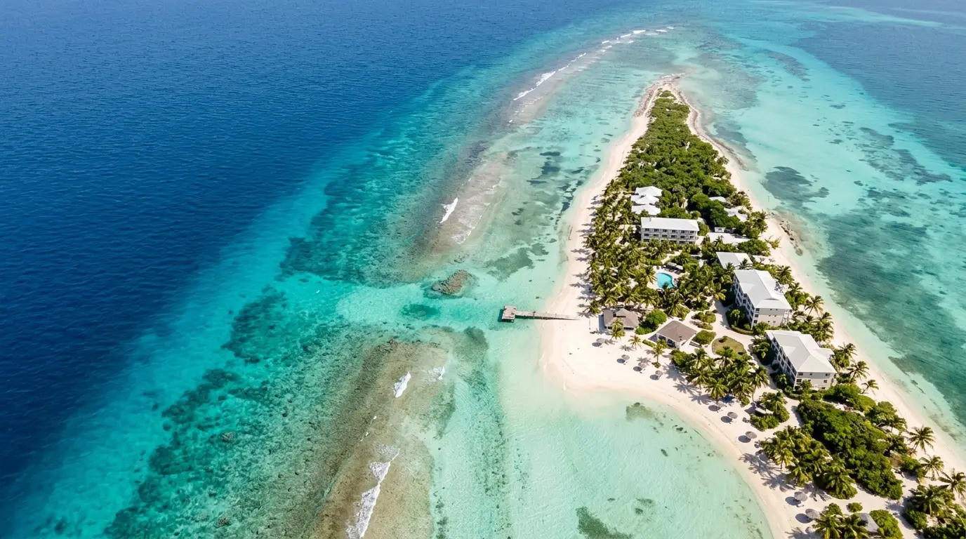 Aerial view of the narrow tip of an island with low white hotels, palms and a jetty in mint-green shallows