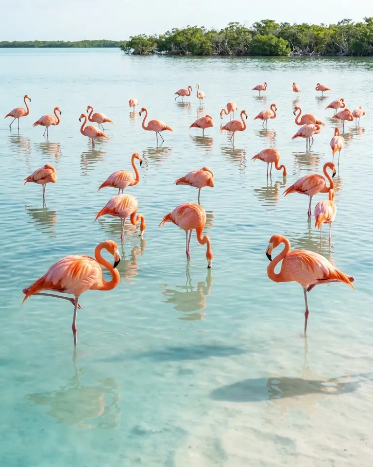 Pink flamingos wading in a calm, shallow lagoon with mangroves on the horizon