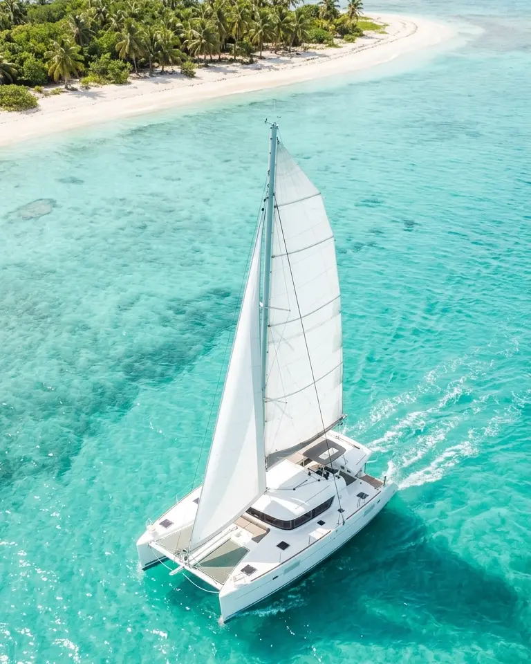 A white catamaran under sail over vivid turquoise water near a palm-covered island